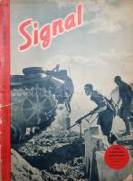 [Folyóirat] Signal. Főszerkesztő: Wilhelm Reetz. Megjelenik 14 naponként. 3. évfolyam, 19. szám. (1942. októberi 1. szám.) [Német-magyar nyelvű, illusztrált háborús folyóirat.] Berlin, 1942. Deutscher Verlag und Druckerei. Folio. 35 + [3] p. A Berlinben szerkesztett, német szerzők által írt, német szövetséges országokban nemzeti kiadásokban terjesztett, gazdagon illusztrált, kétnyelvű háborús propaganda folyóirat értelemszerűen a tengelyhatalmak háborús felkészültségét méltatja, háborús életképek és a német hadiipar nagy pillanatainak bemutatásával. A belív nyolc oldala színes felvételeket tartalmaz, a Wehrmacht katonáinak zsánerképeivel. Folyóiratszámunk cikkei vegyesen német és magyar nyelvűek, a magyar szerkesztők azonban ügyeltek arra, hogy a képfeliratozások magyarul készüljenek: a hadtechnikai és taktikai cikkek képfeliratozása egységesen magyar nyelvű. Taktikai ábrákkal gazdagon illusztrált cikket olvashatunk a páncélosokat kísérő, utcai harcokban és utász feladatokban jeleskedő páncélos gránátosok bevetési módszereiről, igen adatgazdag cikk méltatja a páncélosok történetét a kezdetektől a jelenkorig. Kulturális témát boncol a katonák és munkások látogatta idei Salzburgi Ünnepi Játékokról készített beszámoló. Oldalszámozáson belül néhány képes hirdetéssel. Kiadványunk szerepel az Ideiglenes Nemzeti Kormány által 1945-ben betiltott művek jegyzékén. Fűzve, kétszínnyomású, illusztrált, sérült kiadói borítóban.
