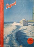 [Folyóirat] Signal. Főszerkesztő: Wilhelm Reetz. Megjelenik 14 naponként. 5. évfolyam, 12. szám. [1944. júniusi 2. szám.] [Magyar nyelvű, illusztrált háborús folyóirat.] Berlin, 1944. Deutscher Verlag und Druckerei. Folio. 37 + [3] p. A Berlinben szerkesztett, német szerzők által írt, német szövetséges országokban nemzeti kiadásokban terjesztett, gazdagon illusztrált, háborús propaganda folyóirat 1940-ben indult. Az eleinte kétnyelvű folyóirat az utolsó évekre teljesen nemzeti nyelvűvé vált, magyar kiadású lapszámunk esetén a cikkek, a képfeliratok és a német ipar jeles termékeit bemutató képes hirdetések is mind magyar nyelven szolgálják a német háborús agitáció céljait. Folyóiratunk értelemszerűen a tengelyhatalmak háborús felkészültségét méltatja, a német hadi technológia, a német taktikai vezetés és a német hadiipar nagy pillanatainak bemutatásával. A belív négy oldala színes felvételeket tartalmaz, a Wehrmacht és a Kriegsmarine életéből vett zsánerképekkel. Lapszámunk gazdagon illusztrált hadtechnikai cikke a német tengeralattjáró-flotta ellen felvonultatott angolszász rombolókat ismerteti. Adatgazdag cikk szerepel a német elit alakulat, a Mediterráneum szigetein sikerrel bevetett ejtőernyős vadászok történetéről és hadi tetteiről. Hosszabb politikai elemzés latolgatja az Európára váró sorsot: amennyiben a német fegyverek kudarcot vallanak, Európa a bolsevizmus igájába kerül. Az utolsó hosszabb cikk a német orvostudomány gyermekgyógyászati áttöréseit méltatja. Kiadványunk szerepel az Ideiglenes Nemzeti Kormány által 1945-ben betiltott művek jegyzékén. Fűzve, színes, illusztrált, gerincén és lapszélein javított kiadói borítóban. Jó példány.