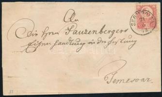 1872 Réznyomat 5kr kis lemezhibával távolsági levélen "ZSOMBOLYA" - "TEMESVÁR"