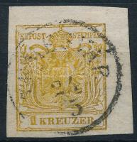 1850 1kr kadmiumsárga, quadril papír, ívszéli nyomat ívszéllel, vízjelrészlettel, szignált "TEMESVÁR"