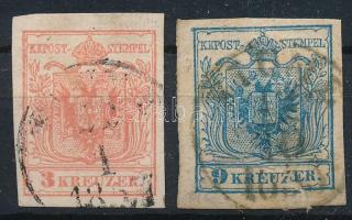 1850 3kr MP III + 9kr MP III "FIUME" 1857 + 1855, vegyes minőség