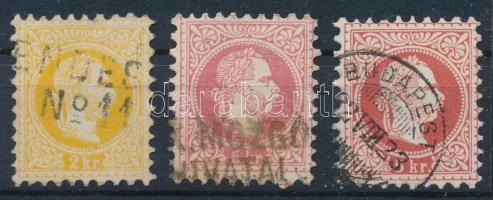 1867 2kr, 2 x 5kr vasúti mozgóposta bélyegzésekkel