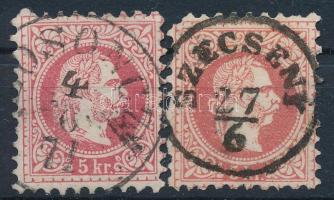 1867 2 x 5kr "LOSONCZ", "SZÉCSÉNY" utóbbi sarokhiányos