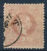 1867 50kr rózsabarna bélyeg, vonalkázott fejképalap, postai bélyegzéssel "(PE)ST" (tűhegynyi elvékonyodás / thin paper)