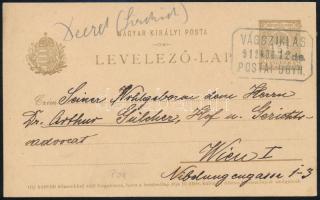 1912 Díjjegyes levelezőlap "VÁGSZIKLÁS" postaügynökségi bélyegzéssel Bécsbe