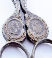 XIX. sz. vége. Antik papírvágó olló, Ferenc József és Erzsébet királyné arcképével díszített, kopáss...