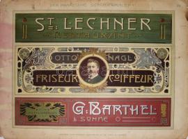 cca 1900 Szecessziós stílusú reklámok, színes, litografált tábla a Der praktische Schildermaler c. kiadványból, Wien-Leipzig, Friedr. Wolfrum u. Co., lapszéli sérülésekkel, foltokkal, 33x44 cm