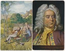4 db RÉGI motívum képeslap zeneszerzőkről: Händel, Mendelssohn, Schubert, Haydn (Wiener Kunst B.K.W.I., W.R.B. &amp; Co.) / 4 pre-1945 motive postcards: musicians