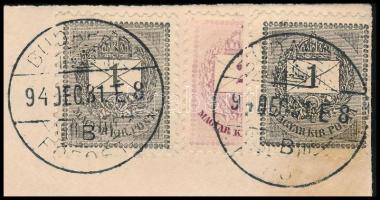 1894 Budapest helyi levél felezett Színesszámú 2kr + 2 x Feketeszámú 1kr bérmentesítéssel