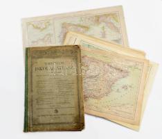 1900 Történelmi iskolai atlasz a magyar királyi honvéd nevelő- és képzőintézetek számára. Bp., 1900, Kogutowicz és Társa Magyar Földrajzi Intézete. Kiadói félvászon-kötés, viseltes, kopott, foltos borítóval és gerinccel, régi intézményi bélyegzőkkel. + 22 db vegyes régi térkép