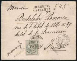 1882 20kr ajánlott levélen Budapestről Párizsba, 13 : 11 1/2 fogazással (MBK 1.700 p)