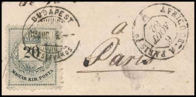 1882 20kr ajánlott levélen Budapestről Párizsba, 13 : 11 1/2 fogazással (MBK 1.700 p)