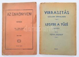 Salamon József: Az én könyvem. Versek. Első kötet. Kiskunhalas, é.n., Lapvállalat. + Tóth József: Virrasztás szüleim sírhalmán. Legyek a tűzé. Versek. Felsőgalla, 1947. Kiadói papírkötés, sérült, kopottas állapotban.
