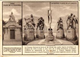 1935 Concorde tér Párizsban és a Szabadság tér Budapesten. Trianon irredenta szoborcsoport, Országzászló. Magyar Földrajzi Intézet rt. nyomása / Paris, Place de la Concorde - Budapest, Place de la Liberté; Hungarian irredenta propaganda, Trianon map on the backside (EB)