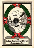 1942 Das Geburtshaus unseres Führers in Braunau am Inn / NSDAP German Nazi Party propaganda, birthplace of Adolf Hitler, swastika + "Wien Ausstellung "Das Sowjet-Paradies 13.12.1941-1.2.1942" So. Stpl (EK)