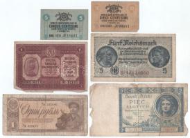 Vegyes, 6db-os bankjegytétel, benne Olaszország / Velence / Osztrák-magyar megszállás 1918. 10c + 50c + 1L + Lengyelország 1930. 20Zl + Német Harmadik Birodalom / Német megszállt területek 1940-1945. 5M + Szovjetunió 1938. 1R T:F-G Mixed, 6pcs banknote lot, within Italy / Venice / Austrian-Hungarian occupation 1918. 10 Centesimi + 50 Centesimi + 1 Lira + Poland 1930. 20 Złotych + German Third Reich / German Occupied Territories 1940-1945. 5 Reichsmark + Soviet Union 1938. 1 Rouble C:F-G
