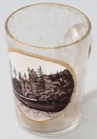 cca 19. sz. vége emlékpohár a dobsina jégbarlang ábrázolásával, kopással, m: 8,5 cm