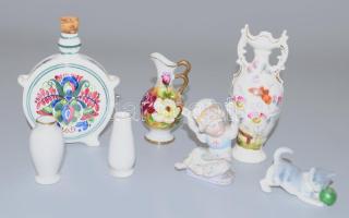 7 darab zömmel régi gyermekjáték porcelán tárgy, m: 13 cm alatt