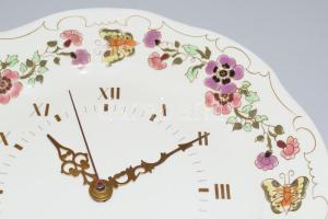 Zsolnay pillangó mintás falióra, jelzett, működő szerkezettel, hibátlan, d: 26 cm