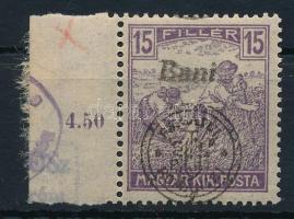 Nagyvárad 1919 Arató 15f hiányos felülnyomással, az ívszélen speciális nyomat, Bodor vizsgálójellel