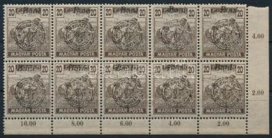 Nagyvárad 1919 Magyar Posta 20f 10-es tömb erősen hiányos felülnyomással, Bodor vizsgálójellel (ránc / crease)