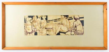 Azonosítatlan jelzéssel: Hölgyek a kirándulóhajón. Tus, papír, jelzett. Üvegezett keretben. 17x47 cm