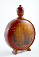 Régi fa kulacs, épület látképpel, kopással, m: 17 cm