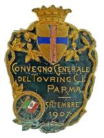 Olaszország 1907. "Convegno Generale del Touring Cl. Parma - Settembre 1907 (A Pármai Túraklub Közgyűlése - 1907. szeptember)" zománcozott bronz jelvény (29x39mm) T:XF zománchiba / Italy 1907. "Convegno Generale del Touring Cl. Parma - Settembre 1907 (General Meeting of the Parma Touring Club - September 1907)" enamelled bronze badge (29x39mm) C:XF enamel error