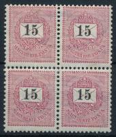 1889 15kr postatiszta négyestömb, lemezösszefüggés, 12: 11 3/4 fogazás (32.000) (folt a képoldalon / spot on the front)