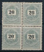 1889 20kr postatiszta négyestömb, 12: 11 3/4 fogazás (24.000) (rozsda / stain)