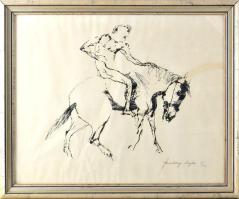 Szalay Lajos (1909-1995): Lovas. Szitanyomat, papír, jelzett, számozott (9/100), Üvegezett keretben, kis felületi gyűrődéssel. 39x49 cm