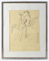 Szalay Lajos (1909-1995): Szárnyas ló. Szitanyomat, papír, jelzett, számozott (3/100), Üvegezett keretben, kis felületi gyűrődéssel. 38x28 cm