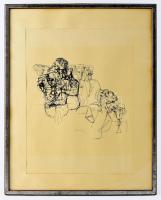 Barcsay Jenő (1900-1988): Társaság. Szitanyomat, papír, jelzett, üvegezett keretben, 40x30 cm