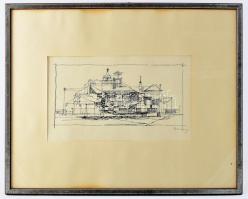 Barcsay Jenő (1900-1988): Templom. Szitanyomat, papír, jelzett, üvegezett keretben, 20x32 cm