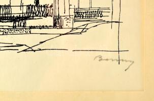 Barcsay Jenő (1900-1988): Templom. Szitanyomat, papír, jelzett, üvegezett keretben, 20x32 cm