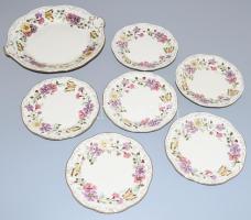 Zsolnay pillangó mintás süteményes készlet. Hat személyes. Kézzel festett, jelzett, hibátlan