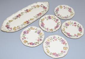 Zsolnay pillangó mintás szendvicses készlet. Hat személyes. Kézzel festett, jelzett, tálcán egy lepattanással, egy tányér hiánnyal.