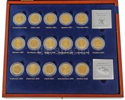 Európai Unió 2001-2006. 48db-os 2E "próbaveret" kollekció, mindegyik érme "SPECIMEN" jelzéssel kapszulában, 48 különböző országból (közte Magyarország, Lengyelország, San Marino, Vatikán, Csehország, Románia, Szlovákia, Szerbia, Horvátország, Montenegró, Monaco, stb.), kissé kopott, de jó állapotú fa díszdobozban, tanúsítványokkal T:UNC European Union 2001-2006. 48pcs 2E "trial strike" collection, "SPECIMEN" mark on all coins, all in capsule, from 48 different countries (including Hungary, Poland, San Marino, Vatican, Czechia, Romania, Slovakia, Serbia, Croatia, Montenegro, Monaco, etc.), in a slightly worn but good condition wooden gift box, with certificates C:UNC
