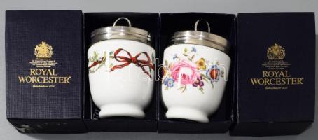Royal Worchester 2 darab porcelán tojásos étel szervírozó, fém fedéllel, hozzá recepttel, dobozában, jelzett, hibátlan, m:10 cm