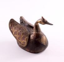 cca 1900 Keleti hattyú asztaldísz, faragott fa, réz rátéttel, 14x10 cm