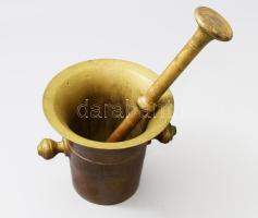Nagyméretű bronz mozsár, m: 13,5 cm, törő h: 26 cm