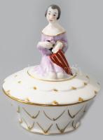 Esernyős lány figurás porcelán bonbonniere. Kézzel festett, jelzett, hibátlan 9 cm