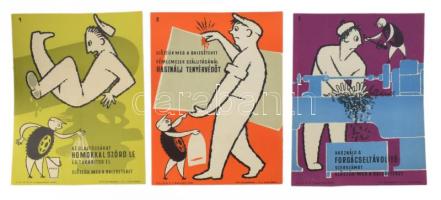 ca 1970 10 db balesetmegelőzési plakát 1-10. számokkal, gumi figurás rajzokkal. Nyomdakísérleti, papír, szép állapotban. 29,5x21 cm