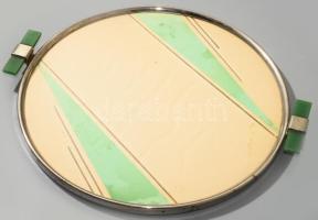 cca 1930/40 Art deco tálca, üvegbetéttel, kopott, d: 24 cm