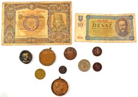 Vegyes, 2db bankjegy + 9db érme/érem tétel, benne 1873. "Hadiérem" bronz kitüntetés mellsz...