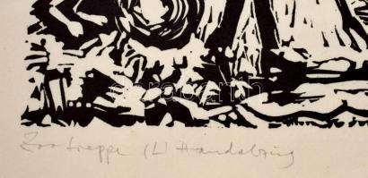 Olvashatatlan német jelzéssel: Zootreppe. Linómetszet, papír, jelzett, kétoldalas. 38x50 cm