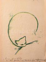 Olvashatatlan német jelzéssel: Zöld macska. Monotípia, papír, jelzett, 42x31 cm