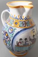 1948 Modra nagyméretű díszkancsó, italozó férfiak mintájával festve, jelzett, minimális felületi kop...