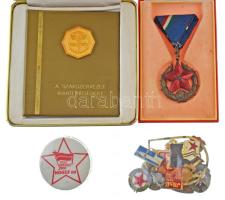 Vegyes, 15db-os szocialista jelvénytétel + 1970 k. "KPVDSZ - A szakszervezet iránti hűségért" fém plakett eredeti tokban (89x102mm) + 1951. "Közbiztonsági Érem bronz fokozata a rendőrség tagjai részére" zománcozott bronz kitüntetés használt állapotú mellszalagon, függesztőkarika hiányzik, nem saját és sérült tokban T:vegyes