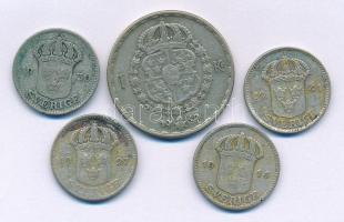 Svédország 1914-1941. 25ö Ag (4xklf) + 1949. 1K billon "V. Gusztáv" T:VF, patina Sweden 1914-1941. 25 Öre Ag (4xdiff) + 1949. 1 Krone billon "Gustaf V" C:VF, patina